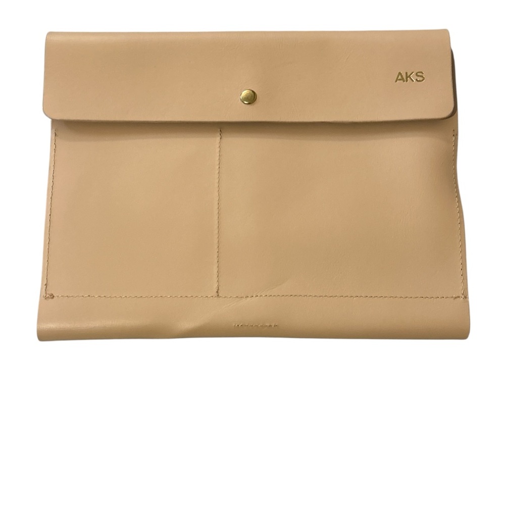 Mark and Graham Tan Leather Clutch Envelope Every Day Monogram AKS Golden